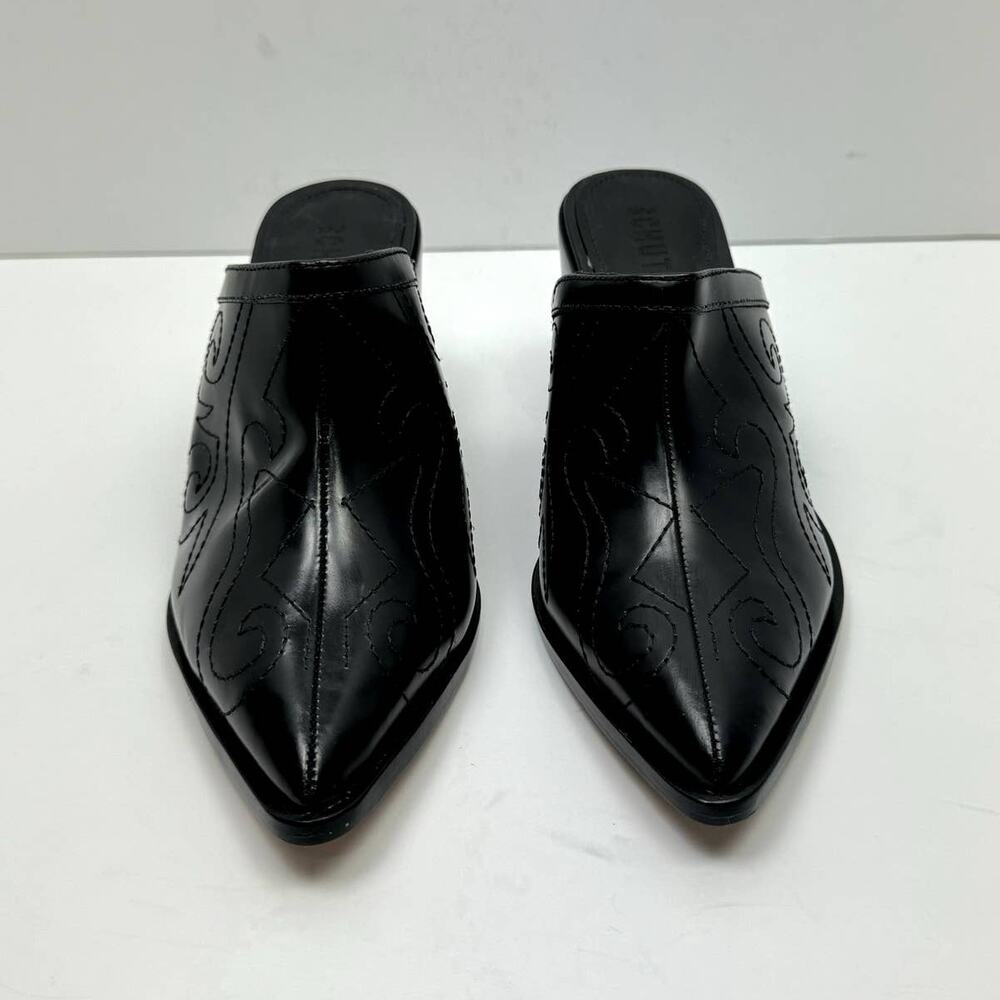 NEW Schutz Zarly Black Leather Western Stitched Slip On Heel Mules - Picture 5 of 13